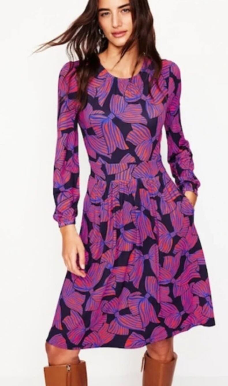 BODEN WOMENS SIZE 8R ALEXANDRA BOW BLOUSON STRETCH JERSEY KNIT MIDI DRESS MULTI